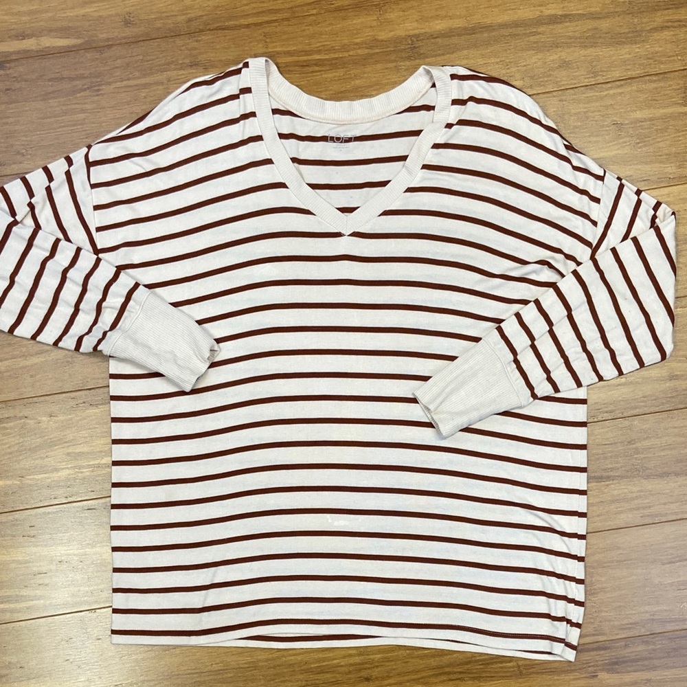 Loft Striped Burgundy and Cream V-Neck Long Sleeve Top size Medium